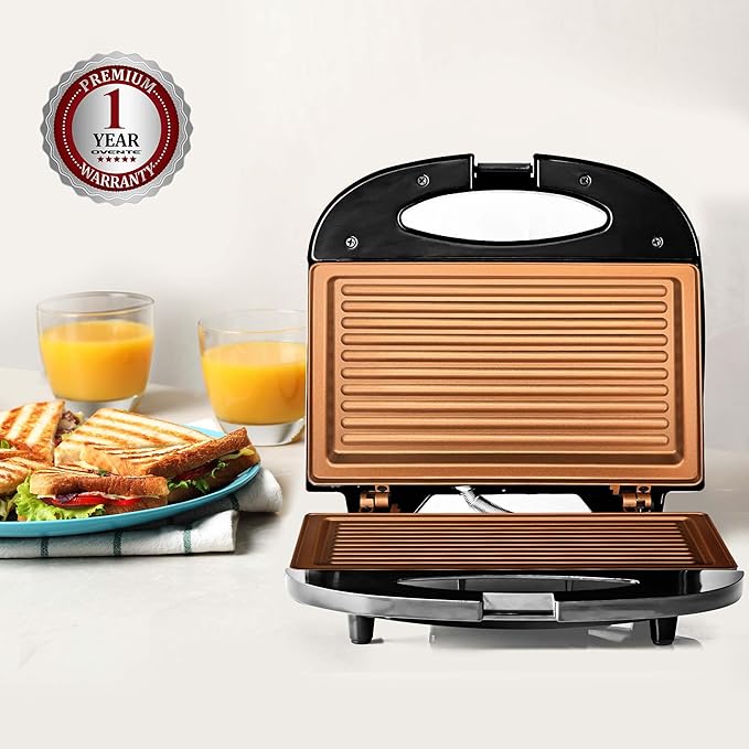 OVENTE Electric Panini Press Grill with Nonstick Plates, LED Indicator Lights, Thermostat Control, Compact Sandwich Maker Perfect for Cooking Breakfast, Steaks, Eggs Snacks & More, Copper GP0110CO