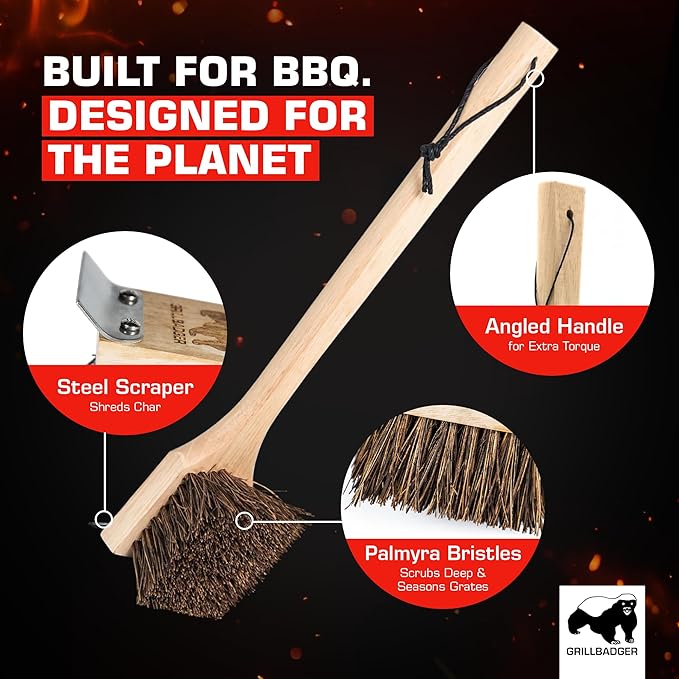 The Original Non Metal Grill Brush for Outdoor Gril | High Temp Heat Resistant BBQ Cleaning Brush | Long Lasting Wooden BBQ Cleaner with Scraper, Safe for Cast Iron Grates - Natural Wood