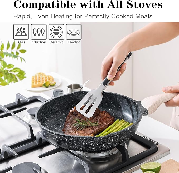 Kordisen Nonstick Frying Pan Set with Lids, 3 Piece Skillet Set, Healthy Induction Cooking Pan, Stay-Cool Handle, Compatible with All Stovetops, PFOA Free (8, 9.5, 11 Inch)