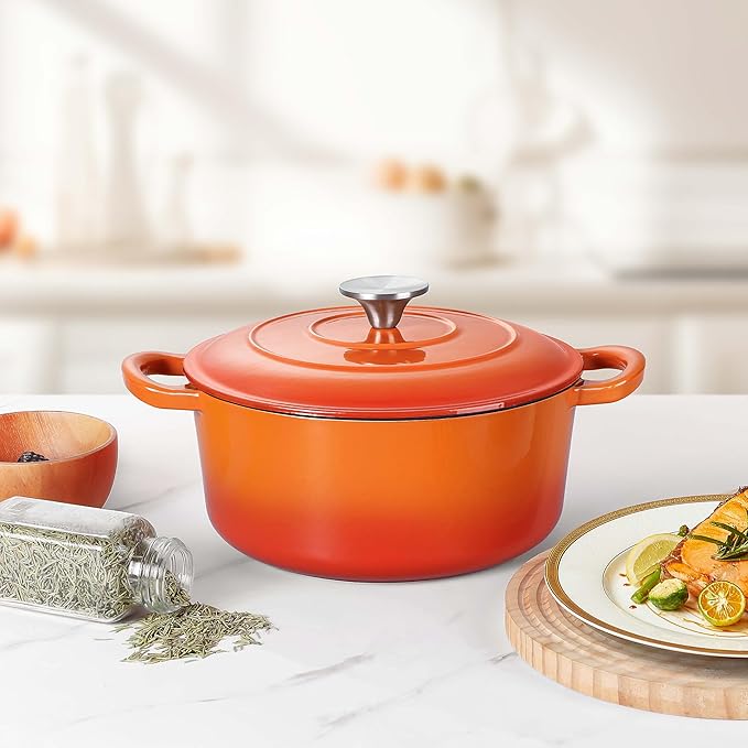 Herogo Enameled Cast Iron Dutch Oven with Lid and Dual Handles, 3QT Heavy Duty Round Dutch Oven Pot for Bread Baking Stewing Roasting, Nonstick & Easy Cleanup, Safe for Various Stovetops - Orange