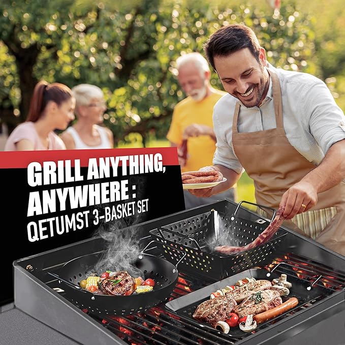 Small Non-Stick 3 Piece Grill Basket Set – BBQ Grilling Basket for Vegetables, Seafood & Meat – Heavy Duty Perforated Grill Pan for Charcoal, Gas and Outdoor Grills, Easy to Clean Grilling Accessories