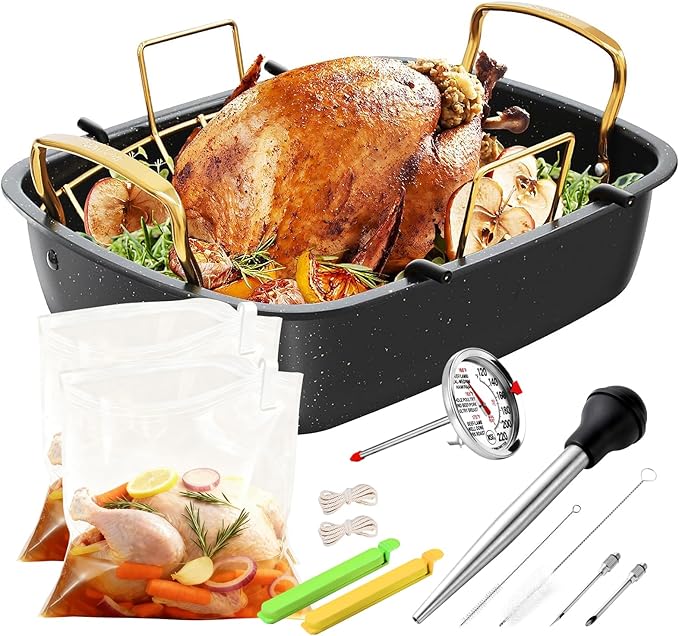 Turkey Roasting Pan, 17x13 Inch Nonstick Roaster with Removable Rack, Turkey Baster, Meat Thermometer, Turkey Brine Bags, Roaster Pan for Roasting Turkey, Meat & Vegetables (Black&Gold)
