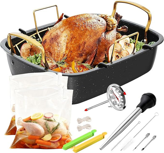 Turkey Roasting Pan, 17x13 Inch Nonstick Roaster with Removable Rack, Turkey Baster, Meat Thermometer, Turkey Brine Bags, Roaster Pan for Roasting Turkey, Meat & Vegetables (Black&Gold)