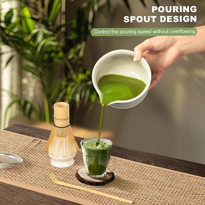 Matcha Set,5 Pcs Matcha Whisk Set Includes Bowl with Spout, Whisk,Holder,Bamboo Scoop and Sifter- Matcha Kit for Making Breakfast/Latte,Gift for Lovers（White）