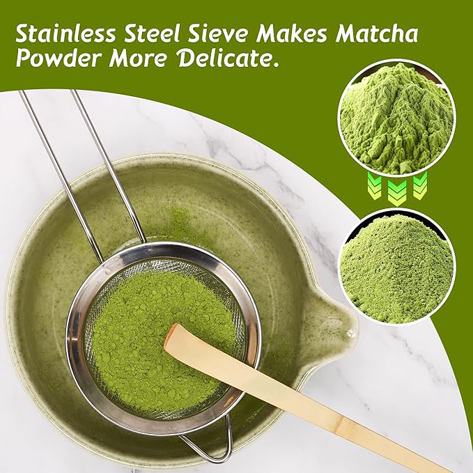 Matcha Tea Set 5 Pcs, Japanese Traditional Ceramic Bowl, Bamboo Whisk (Chasen), Scoop (Chashaku), Whisk Holder,Stainless Steel Sifter