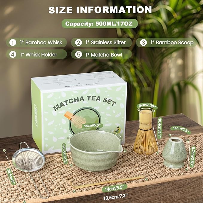 Matcha Set,5 Pcs Matcha Whisk Set Includes Bowl with Spout, Whisk,Holder,Bamboo Scoop and Sifter- Matcha Kit for Making Breakfast/Latte,Gift for Lovers（Green）
