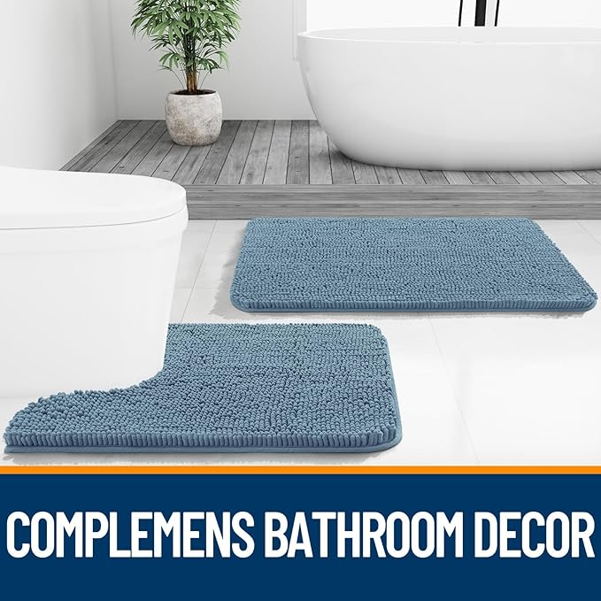 OLANLY Bathroom Rugs Sets 2 Piece, Soft Absorbent Chenille Bath Mats and U-Shaped Contour Toilet Mat Area Rug Set, Machine Washable Bath Carpet, Home Decor Accessories(36"x24"+24"x20", Airy Blue)