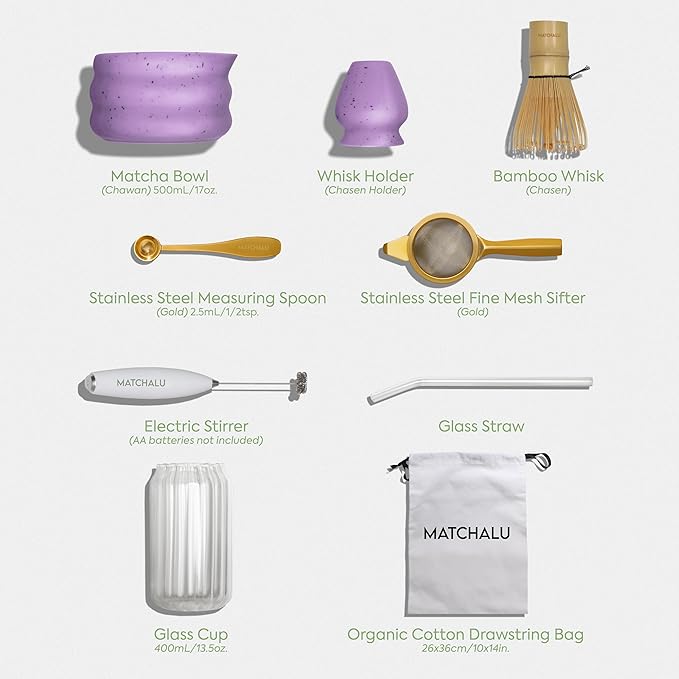 Matcha Whisk Set With Ceramic Matcha Bowl, Bamboo Whisk & Holder, Stainless Steel Spoon & Sifter, Glass Cup & Straw, Electric Frother, Storage Bag - Gift for Matcha Lovers (Premium 9-Piece Set Purple)