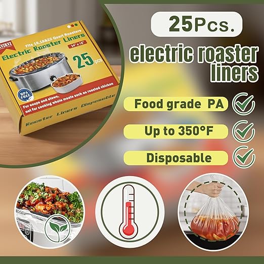 25 Count Electric Roaster Liners, 34" × 18" Roaster Liners Disposable, Fits 16, 18, and 22 Quart, Up to 350° F, High Temperature Resistant Stew Cooking Bags, Food Grade Material