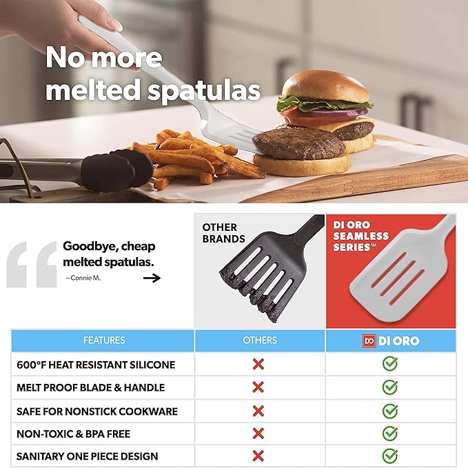 New DI ORO Seamless Series Moda 4-Piece Silicone Turner Spatula Set - 600°F Heat-Resistant Flexible Kitchen Spatulas for Nonstick Cookware - Flippers for Eggs & Pancakes - Utensils for Cooking (Stone)