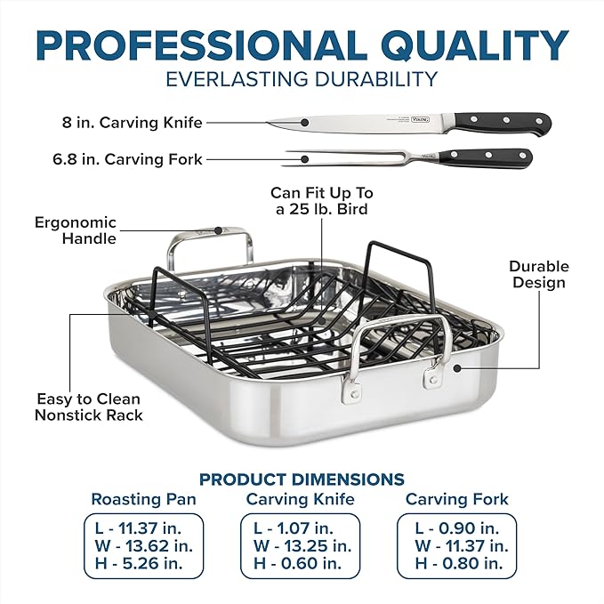 Viking 3-Ply Stainless Steel Roasting Pan with Nonstick Rack and Carving Set, 16 x 13 Inch Kitchen Cookware, Great for Turkey, Dishwasher and Oven Safe, Induction Ready, SIlver