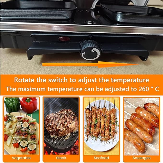 Korean BBQ Grill 2 in 1 Electric Griddle, Nonstick Electric Raclette Grill with 8 Raclette Pans, Adjustable Temperature 1300W,Reversible Smokeless for Indoor Family Party