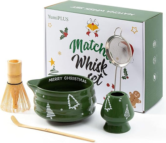 5pcs Premium Matcha Set,Ceramic Bowl with Spout and Bamboo Whisk set, Ceremonical Matcha Kit for breakfast/latte,Tea Starter Making Kit,Unique Matcha Gift set (Christmas Tree)