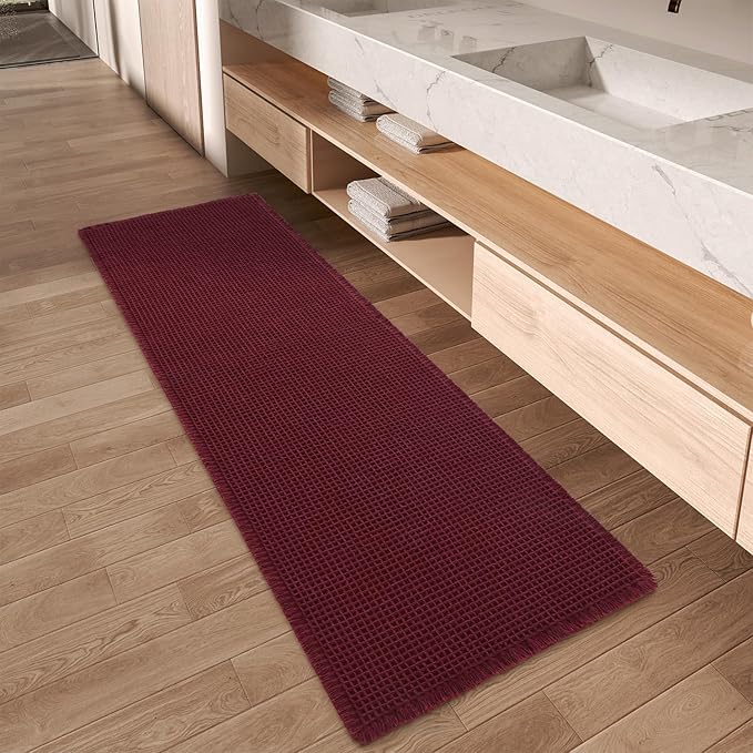 AMOAMI Upgraded Waffle Runner Rug Super Absorbent Non Slip Bath Mats for Bathroom Machine Washable Bathroom Runner Rug with Tassels, Ideal for Hallway Bedroom Laundry Room, 17" x 72", Burgundy