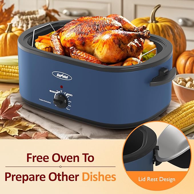 Sunvivi Electric Roaster, 28-Quart Electric Roaster Oven featuring a Glass Lid, Ideal for Turkey Roasting with Self-Basting Cover, Detachable Pan, Cool-Touch Handles, Blue