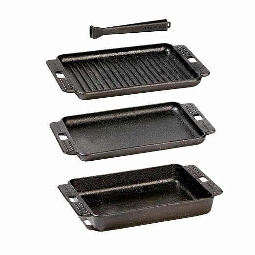 CURRENT® Cast Iron Sizzle Plates 3-Piece Set - Deep Pan, Shallow Pan, Grill Pan with Removable Handle, Pre-Seasoned, Heat Retention, Compatible Model P Pizza Oven