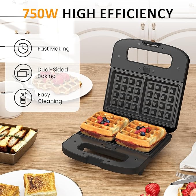 Sunvivi 3 in 1 Electric Sandwich Maker: Panini Press Grill and Waffle Iron Set, Grill and Sandwich Press with Removable Non-Stick Plates, Indicator Lights & Cool Touch Handle, 800W, Silver 1