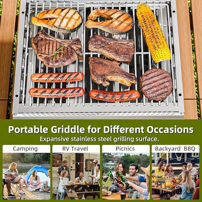 3-Burner Stainless Steel 2-in-1 Tabletop Grill and Griddle Combo, 24,000 BTU Portable Flat Top Propane Gas Grill for Commercial BBQ, Outdoor Cooking, Camping, Tailgates & Backyard