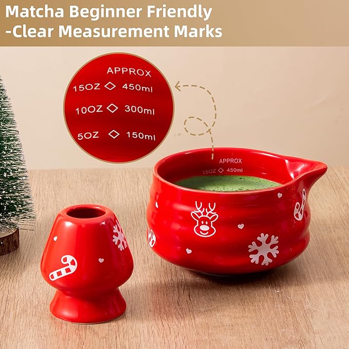 5pcs Premium Matcha Set,Ceramic Bowl with Spout and Bamboo Whisk set, Ceremonical Matcha Kit for breakfast/latte,Tea Starter Making Kit,Unique Matcha Gift set (Reindeer Red)