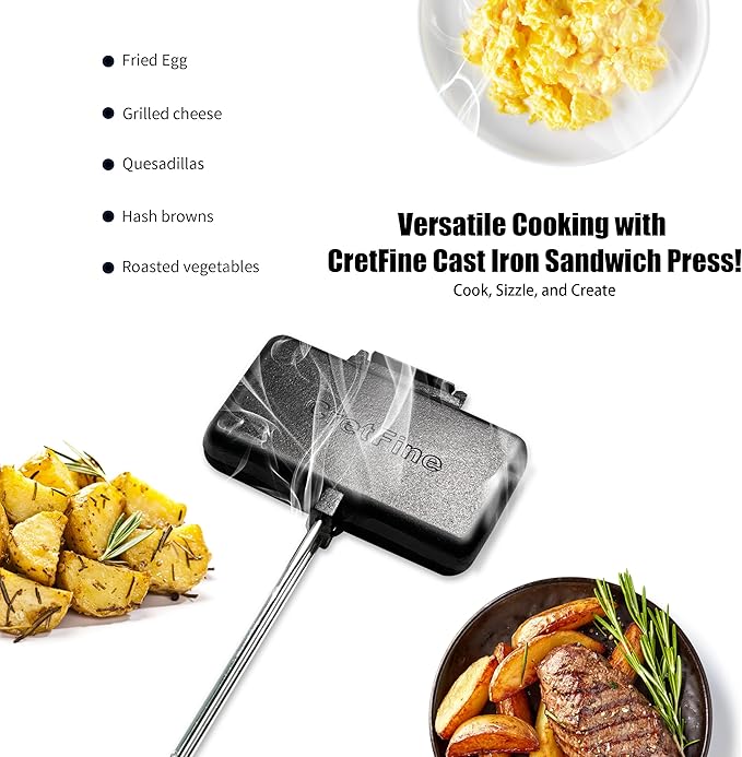 Double Pie Irons Cast Iron Sandwich Maker Pack of 2 for Camping with Storage Bag and Recipes, Camp Cooker Campfire Cooking Equipment for Pies, Sandwiches, Steak, Hot dogs