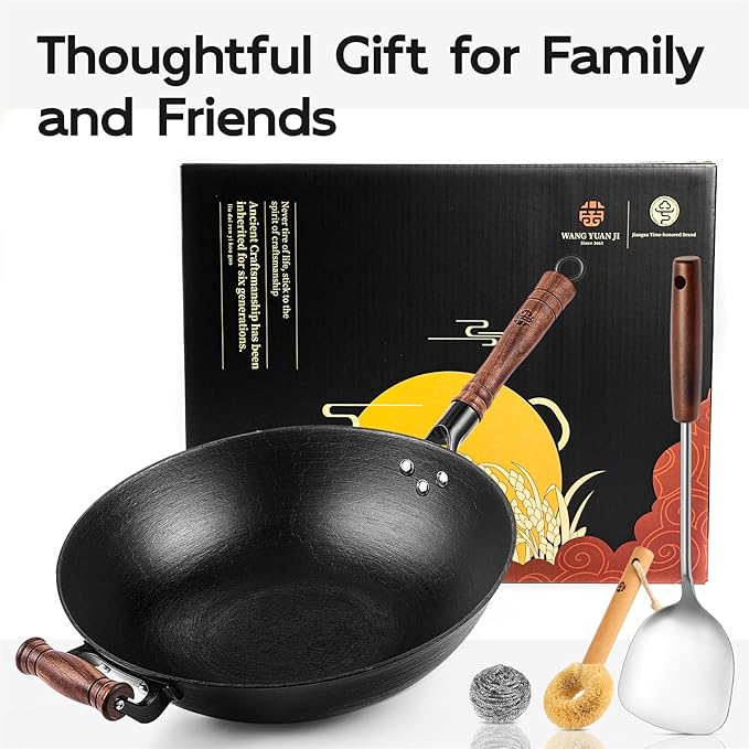 WANGYUANJI Traditional Iron Wok,13.4" Flat Bottom Wok – Chemical-Free Carbon Steel with Stainless Steel Spatula
