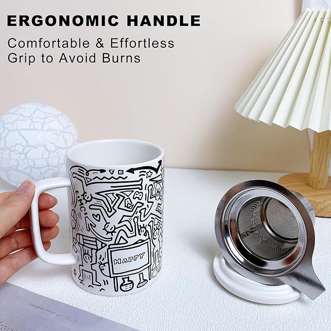 Doodle Style Tea Cup with Infuser and Lid, 14oz Tea Infuser Cup Loose Leaf Tea Mug with Strainer, Porcelain Tea Infuser Mug, Steeping Tea Cups for Microwave and Dishwasher Safe, Happy White