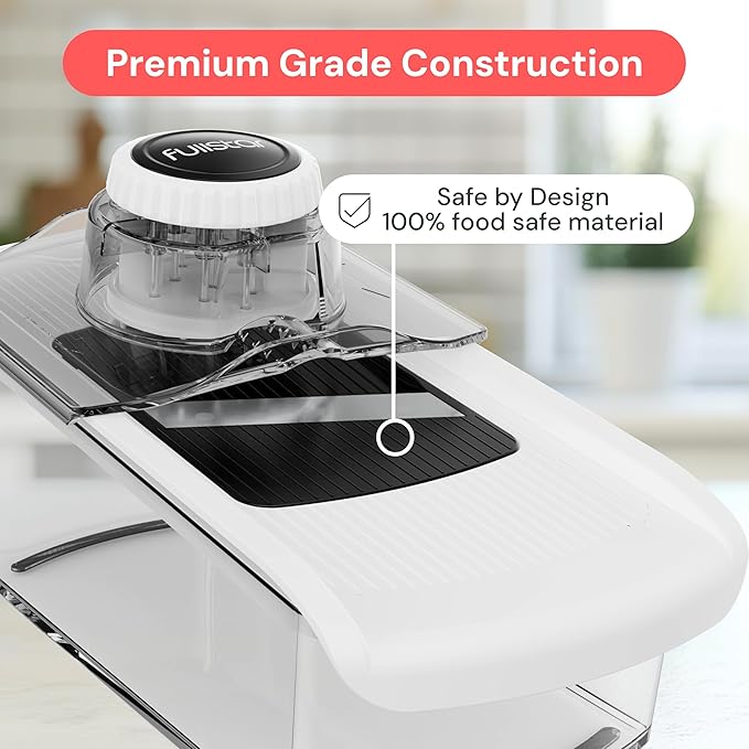 Fullstar Mandoline Slicer for Kitchen, Fruit Cutter, Cheese Grater, Cucumber Slicer, Veggie Spiralizer, Food Cutter & Kitchen Gadgets with Safety Glove (6 in 1, White)
