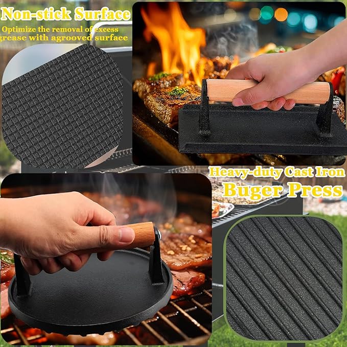 6PCS Burger Press Set for Blackstone - Round Smash Burger Press & Rectangle Cast Iron Grill Press with Wooden Handle, Stainless Steel Griddle Spatula, Hamburger Press and Basting Brush for Barbecue