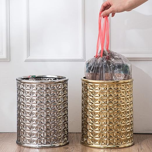 Silver Trash Can, Round Wastebasket, Garbage Receptacle Small Bin for Bathroom, Powder Rooms, Kitchens, Home Offices - Ceramics