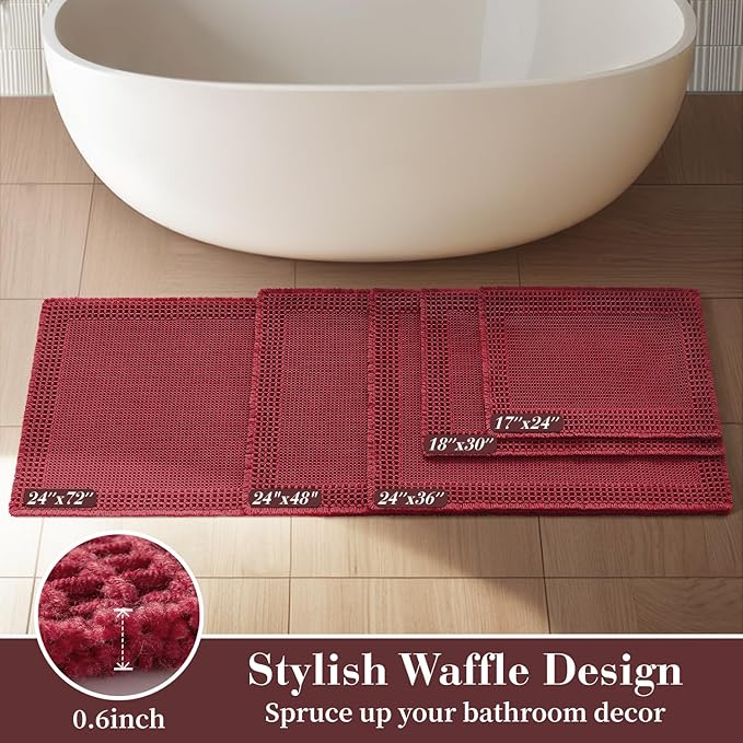RESARE Waffle Bathroom Runner Rugs, Super Absorbent Bath Mat Non Slip Washable Quick Dry, Upgraded Ultra Soft Boho Bath Rugs with Tassels for Hallway Bedroom Laundry Room, 2'x4'(24"x48"), Red