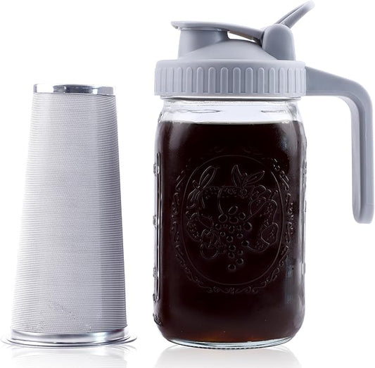 Cold Brew Coffee Maker 32 Oz Mason Jar Cold Brew Pitcher With Strainer 1 Quart Wide Mouth Glass Iced Coffee Maker With Spout Lids Glass Pitcher For Fridge, Sun Tea, Lemonade, Cold Brew