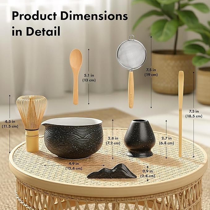 Matcha Kit Whisk Set (7 Pcs) - Complete Matcha Set, Matcha Bowl with with Bowl, Whisk and Holder, Bamboo Spoon/Scoop, Scoop Rester and Sifter incl. Booklet