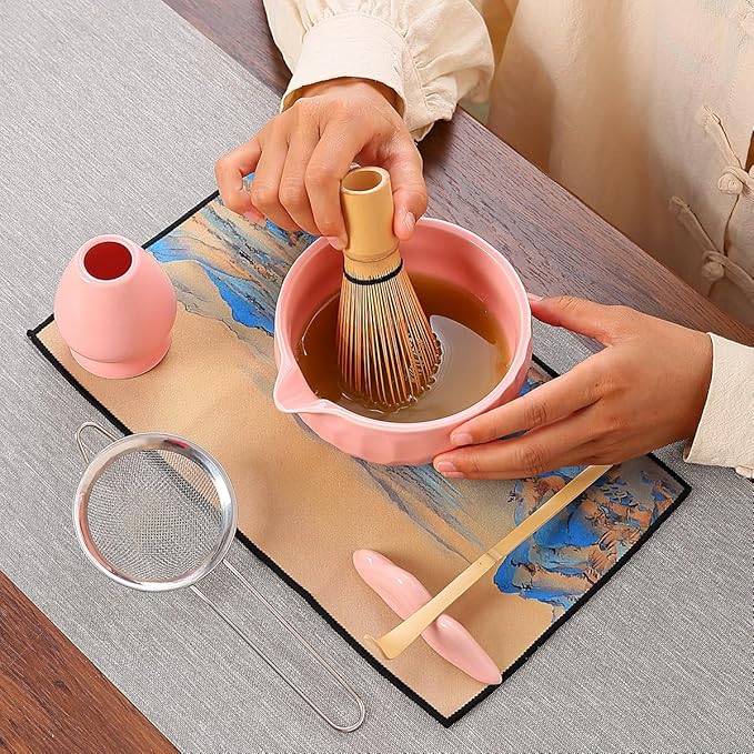 7-Piece Matcha Whisk Set, Pink Ceramic Matcha Bowl with Unique Diamond Design, Bamboo Whisk, Scoop, Sifter & Tea Towel - Complete Matcha Kit for Tea Lovers (Pink Gift Box)