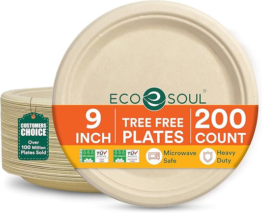 ECO SOUL 100% Compostable 9 Inch Paper Plates 200 [2x100 Pc] Disposable Party Plates I Heavy Duty Eco-Friendly Sturdy Dinner, Wedding, Event Plates I Biodegradable