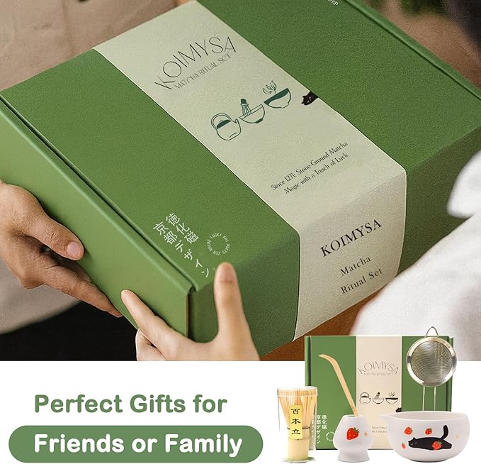 Cute Matcha Whisk Set with Cat and Strawberry Pattern Matt Matcha Bowl, 5PCS Traditional Bamboo Whisk Kit, Chasen and Chashaku, White
