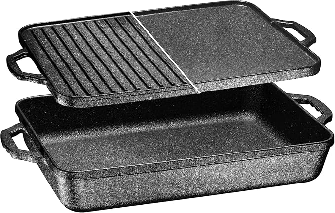 Bruntmor 3-in-1 Pre-Seasoned Cast Iron Pan with Reversible Grill Griddle Lid - 17.8"x11"x3.3" Non-Stick Multi Cooker Deep Roasting Grill Pan - Dutch Oven, Frying or Roasting Pan for Open Fire Camping