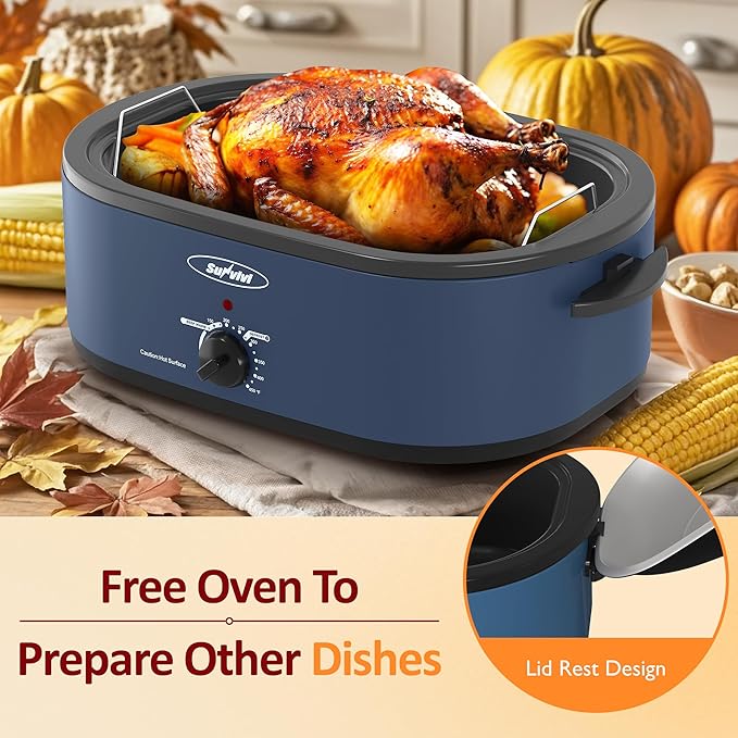 Sunvivi Electric Roaster, 18 Quart Roasting Oven with Self-Basting Lid Removable Pan, Turkey Roaster Oven with 150 to 450F Temperature Control Cool-Touch Handles, Blue