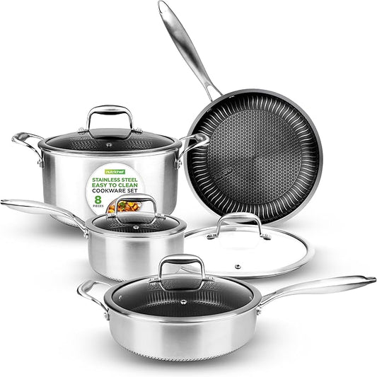 NutriChef 8-Piece Triply Cookware Set Stainless Steel - Triply Kitchenware Pots & Pans Set Kitchen Cookware, Non-Stick Coating - Sauce Pot, Stew Pot, Cooking Pot, Frying Pan, Lids - NC3PLY8Z