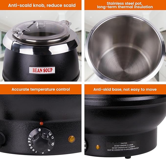 10.5Qt Soup Warmers Commercial Soup Kettle Warmer with Hinged Lid and Detachable Stainless Steel Pot, Food Warmer for Parties, Buffet - Black