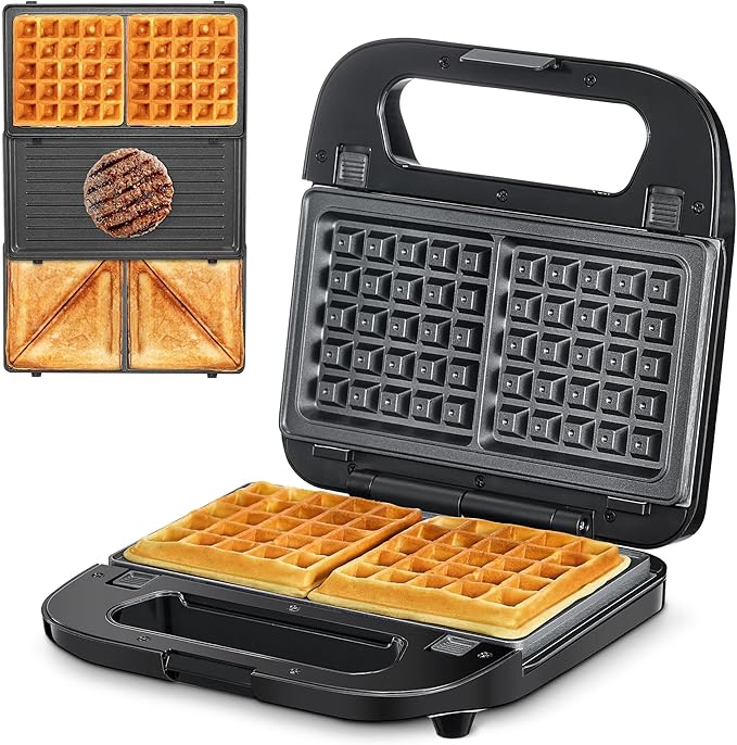 Reemix 3-in-1 Waffle, Grill & Sandwich Maker, Panini Press Grill and Waffle Iron, Black