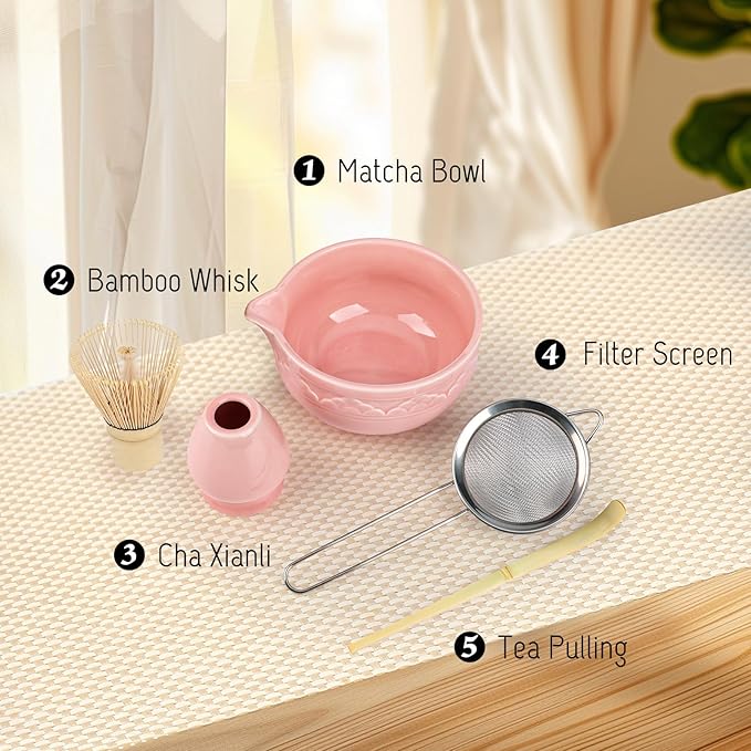 5Pcs Ceramic Matcha Set, Matcha Whisk Set, Tea Set Includes Matcha Bowl, Matcha Whisk and Holder, Sifter, Bamboo Tascoop (Pink)