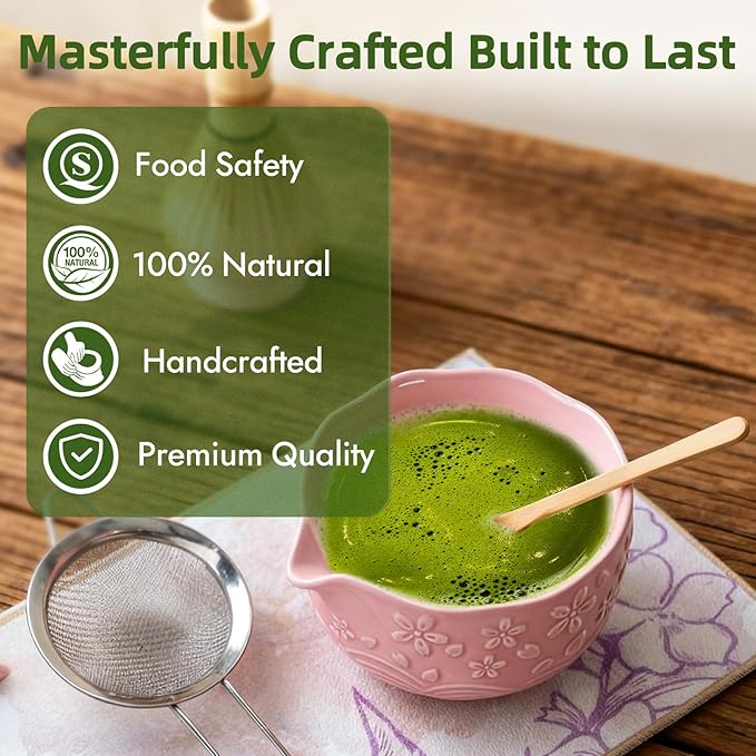 Matcha Whisk Set, Pink Matcha Set, Matcha Set Whisk and Bowl Made of Ceramic, Matcha Kit Includes Matcha Whisk, Matcha Whisk Holder, Bamboo Scoop, Powder Sifter - 7 Pcs Matcha Kit for Matcha Lovers