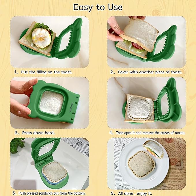 Sandwich Cutter and Sealer - 3.7" Circle & Square Pocket Sandwich Maker, Intuitive & Easy-to-Use for Boys &Girls, Perfect for Breakfast & Lunchboxes (Green, Square)