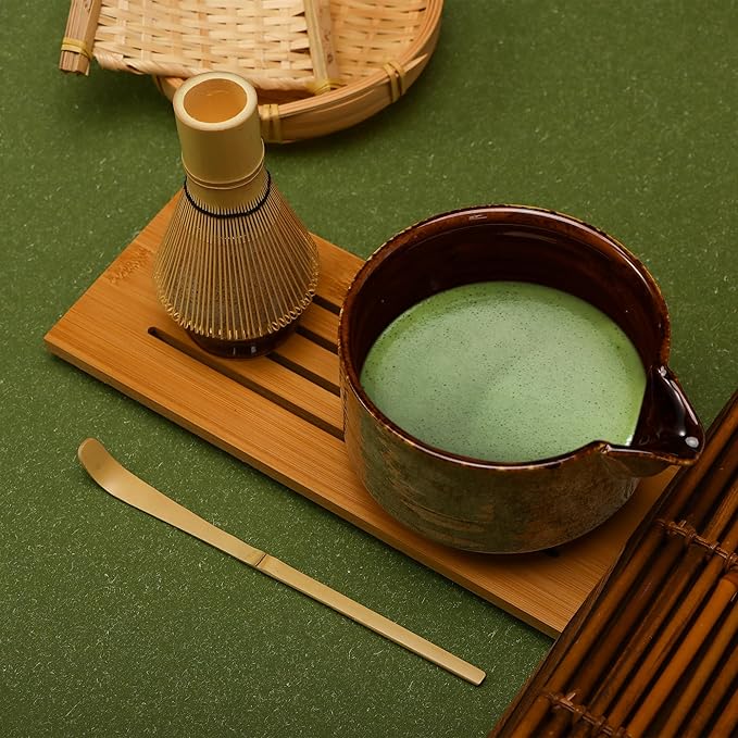 Matcha Tea Set 4 Pcs, JapaneseTraditional Ceramic Bowl, Bamboo Whisk (Chasen), Scoop (Chashaku), Holder (brown)