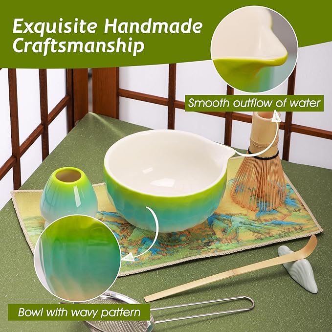 Matcha Tea Set 7 Pcs,Japanese Ceramic Bowl,Bamboo Matcha Whisk (Chasen), Scoop (Chashaku),Stainless Steel Sifter,Whisk Holder (yellow blue),Tea Towel