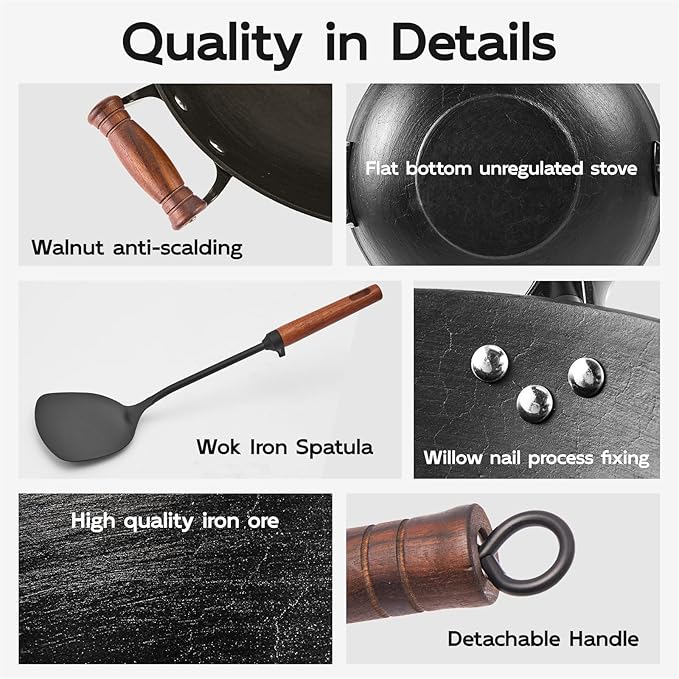 WANGYUANJI 14.2" Chemical-Free Iron Wok with Lid and Iron Spatula, Flat Bottom Stir Fry Pan for All Stovetops