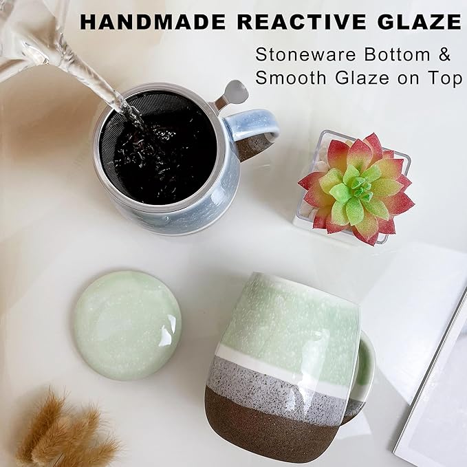 13.5 OZ Reactive Glaze Tea Infuser Cup, Loose Leaf Tea Cup with strainer and lid, Porcelain Mug with Infuser Basket for Microwave & Dishwasher Safe, Green