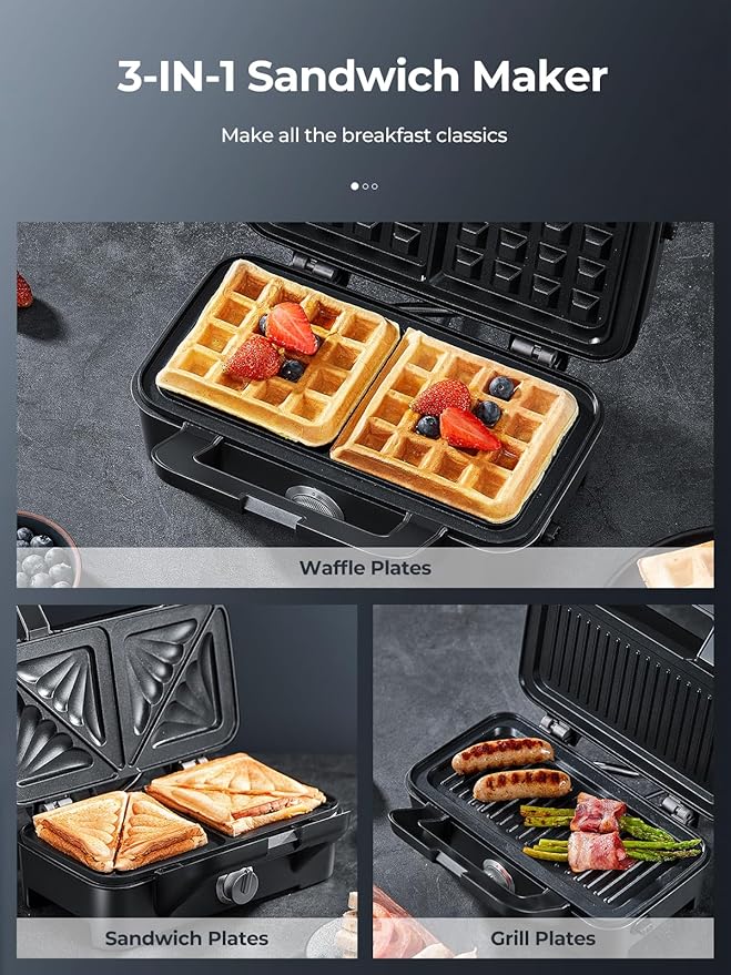 3 in 1 Sandwich Maker, Waffle Maker with Removables Plates, Panini Press Waffle Iron Set with 5-gear Temperature Control, Non-stick Coating Cool Touch Handle Anti-skid Feet for Breakfast, 1200W