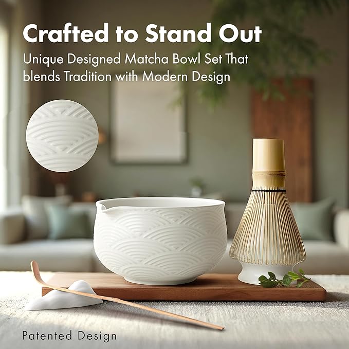 Matcha Kit Whisk Set (7 Pcs) - Complete Matcha Set, Matcha Bowl with with Bowl, Whisk and Holder, Bamboo Spoon/Scoop, Scoop Rester and Sifter incl. Booklet