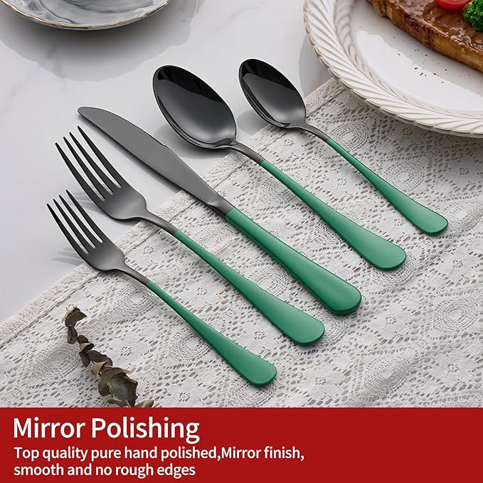 20-Piece Green Silverware Set - 18/0 Stainless Steel, Black Silverware Set With Green Handles - Dinner Knives, Forks, Spoons - Dishwasher Safe